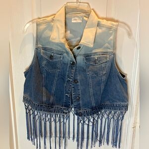 Chico's Cream & Blue Textured Fringe Vest